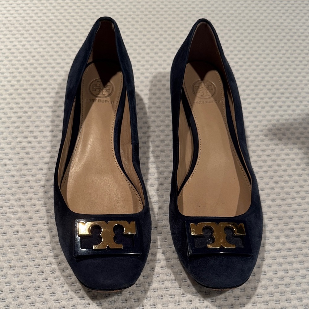 Tory Burch Navy Suede Logo Ballet Flats